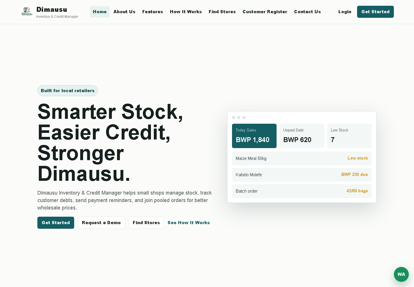 Dimausu Inventory and Credit Manager website screenshot