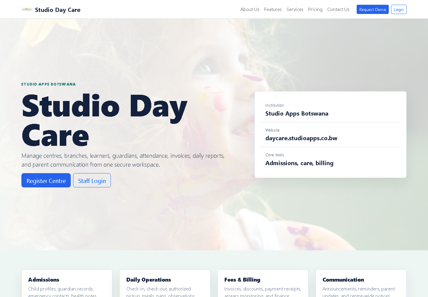 Studio Day Care software website screenshot
