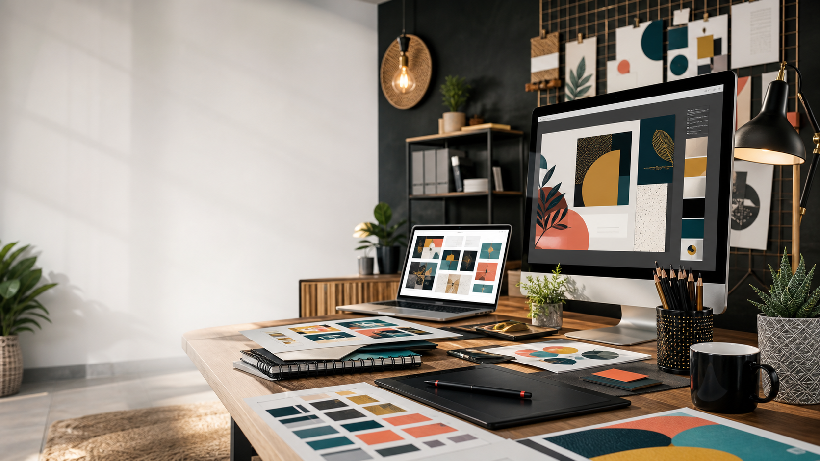 A modern creative design workspace with brand layouts and print samples